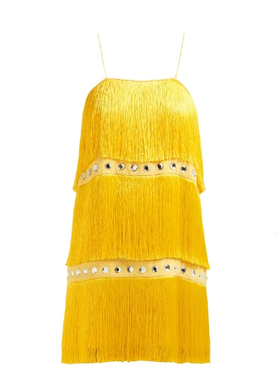 Sara Battaglia Fringed Crystal-embellished Dress In Yellow