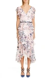 MARCHESA NOTTE FLORAL RUFFLE TIERED MIDI DRESS,N29G0847