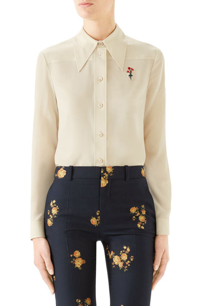 Gucci Floral Embroidered Silk Crepe De Chine Blouse In Off-white