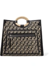 FENDI Runaway large leather-trimmed woven raffia tote