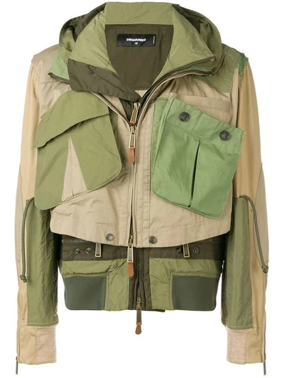Dsquared2 Multi Pocket Cotton Twill Bomber Jacket In Green