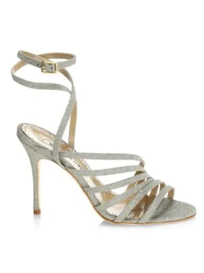 Manolo Blahnik Acante Ankle-wrap Glitter Leather Sandals In Silver