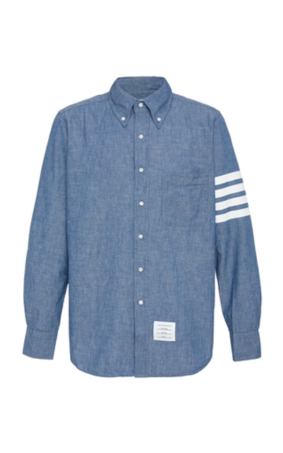 Thom Browne 4-bar Straight Fit Chambray Button-down Shirt In Blue