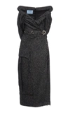 Prada Off-the-shoulder Ruched Embellished Wool-blend Tweed Midi Dress In Grey