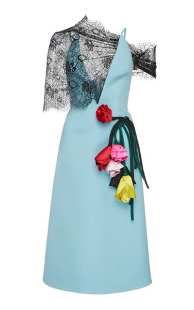 Prada Lace-paneled Appliquéd Gabardine Dress In Light Blue