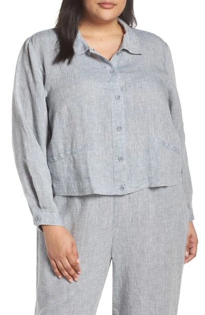 Eileen Fisher Petite Button-front Yarn-dye Hanky Organic Linen Crop Jacket In Chambray