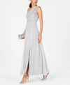 ADRIANNA PAPELL ONE-SHOULDER BEADED LACE GOWN