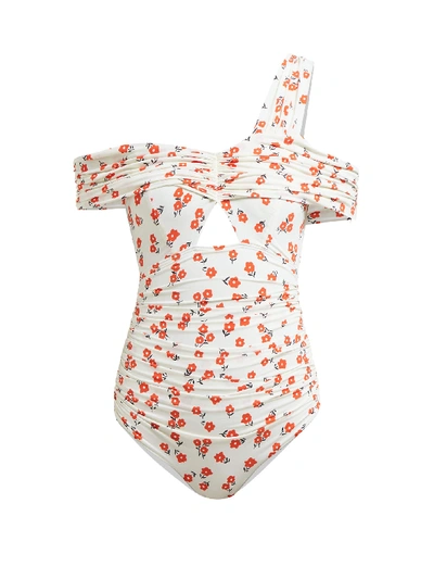 Self-portrait One-shoulder Cutout Floral-print Swimsuit In Cream