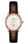 Tissot Premium Carson Automatic Leather Strap Watch, 30mm In Brown/ Silver/ Rose Gold