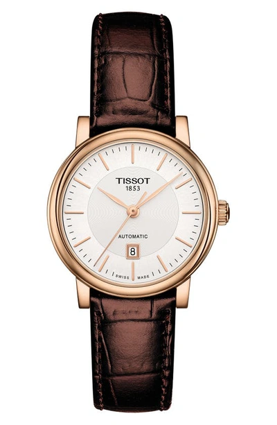Tissot Premium Carson Automatic Leather Strap Watch, 30mm In Brown/ Silver/ Rose Gold