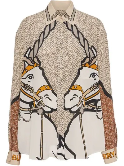 Burberry Unicorn And Monogram Print Silk Oversized Shirt In Light Camel
