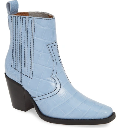Ganni Croc-effect Leather Ankle Boots In Blue