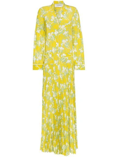Valentino Pleated Printed Silk Crepe De Chine Maxi Dress In Yellow