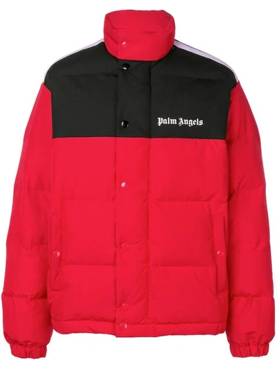 Palm Angels Print Logo Down Jacket In Red,black,white