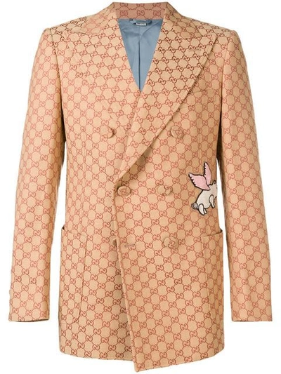 Gucci Gg Piglet Double-breasted Cotton-blend Blazer In Beige