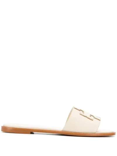 Tory Burch Embroidered Logo Sandals In Beige,white