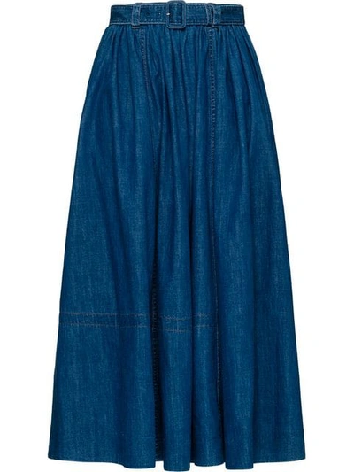 Prada Belted Printed Denim Midi Skirt In Blue