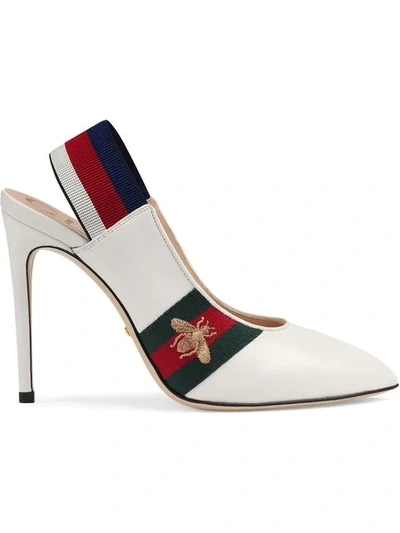 Gucci Sylvie Grosgrain-trimmed Leather Slingback Pumps In White