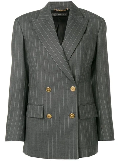 Versace Double Breasted Pinstripe Blazer In Grey