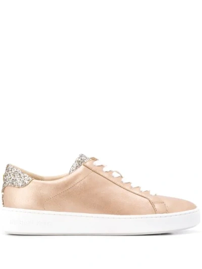 Michael Michael Kors Woman Irving Glitter-paneled Metallic Leather Sneakers Gold In Brown