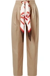 BURBERRY SILK-TRIMMED PLEATED COTTON-TWILL TAPERED PANTS