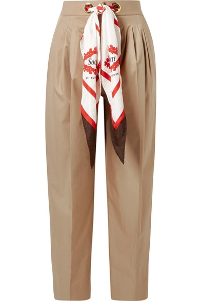 Burberry Silk-trimmed Pleated Cotton-twill Tapered Trousers In Light Brown