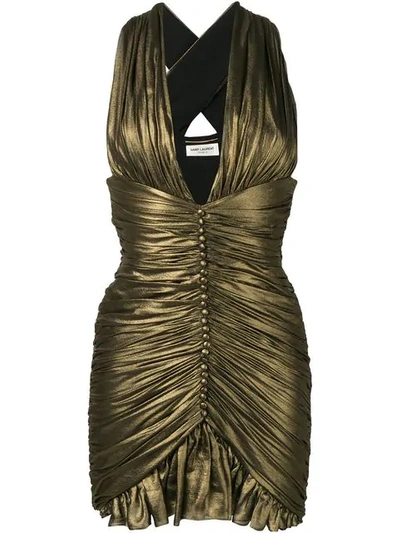 Saint Laurent Gold Gathered Dress In Crepe Chiffon