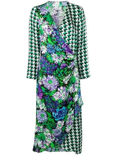 Rixo London Wrap Style Front Dress In Retro Floral Houndstooth