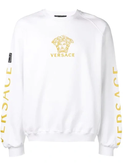 Versace Logo-embroidered Cotton-jersey Sweatshirt In White