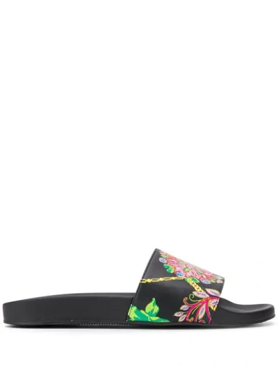 Versace Slide Sandals With Gold Hibiscus Print In Black