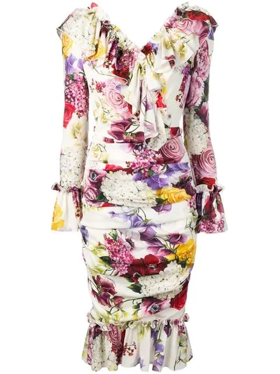 Dolce & Gabbana Ruffle Floral Charmeuse Dress In White