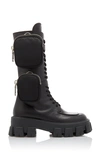 Prada Monolith Nylon Pocket-detailed Leather Combat Boots In Black