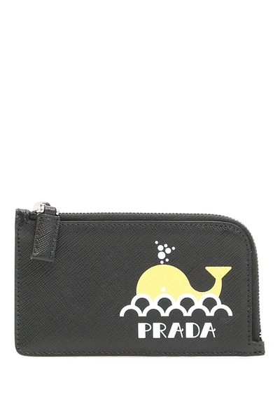 Prada Zipped Cardholder With Whale Print In Nero Giallo (black)
