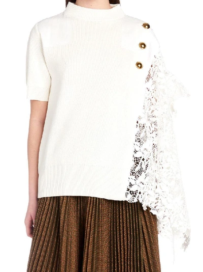 Sacai Lace-sleeve Button Detail Crewneck Sweater In White