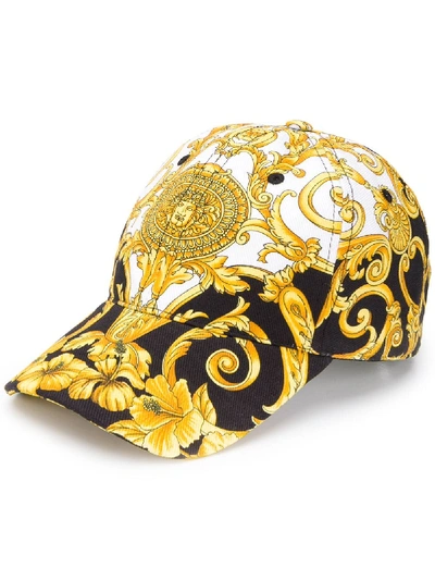 Versace Baroque Printed Canvas Hat In Black & Yellow & White