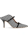 MALONE SOULIERS MAUREEN 70 LEATHER-TRIMMED GINGHAM CANVAS MULES