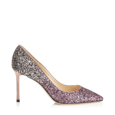 Jimmy Choo Romy 85 White Sand And Candyfloss Party Coarse Glitter Dégradé Pointy Toe Pumps In Pink