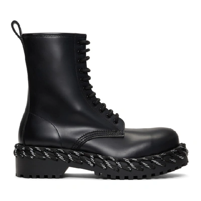 Balenciaga Rope-trimmed Lace-up Leather Ankle Boots In Black