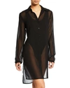 Carmen Marc Valvo Tropical Coast Sheer Button-front Coverup In Black