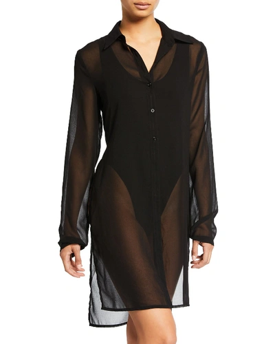 Carmen Marc Valvo Tropical Coast Sheer Button-front Coverup In Black