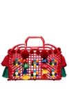 DOLCE & GABBANA RED GOMMA + RICAMO POM-POM EMBELLISHED LEATHER TRIM TOTE BAG