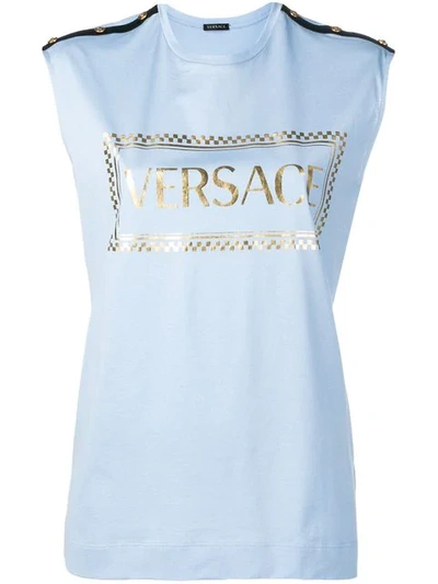 Versace Button-shoulder Logo-print Cotton Top In Blue