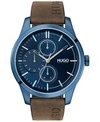 HUGO MEN'S #DISCOVER BROWN LEATHER STRAP WATCH 46MM