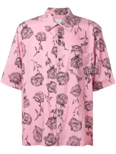 Aries Rose-print Short-sleeved Satin Shirt In Pink