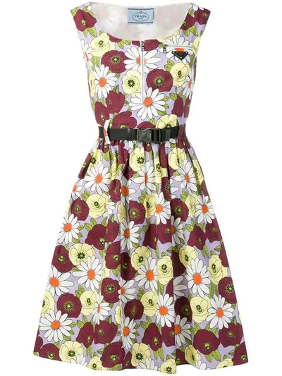 Prada Floral-print Sleeveless Dress With Belt In Red
