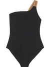 BURBERRY ICON STRIPE DETAIL ONE-SHOULDER SWIMSUIT
