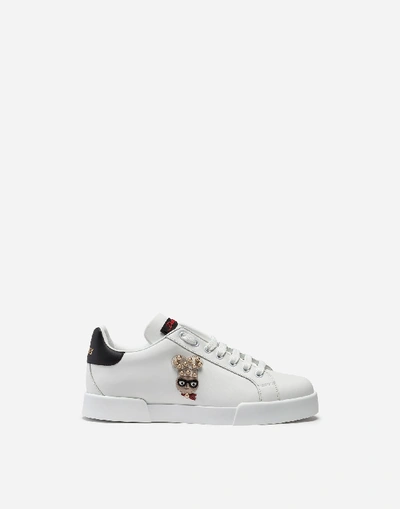 Dolce & Gabbana Calfskin Nappa Portofino Trainers With Patches Of The Designers In White