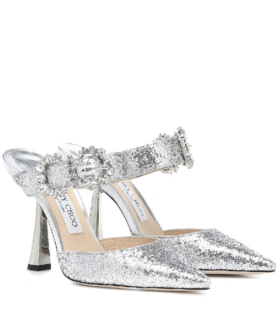 Jimmy Choo Smokey 100 Crystal-embellished Glittered Leather Mules In Silver