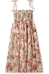 TORY BURCH SMOCKED FLORAL-PRINT COTTON-VOILE MIDI DRESS