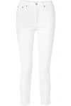 Re/done Originals High-rise Ankle Crop Frayed Skinny Jeans In White
